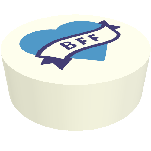Lego Tile Round 1 x 1 with Dark Purple Banner 'BFF' on Dark Azure Heart / White