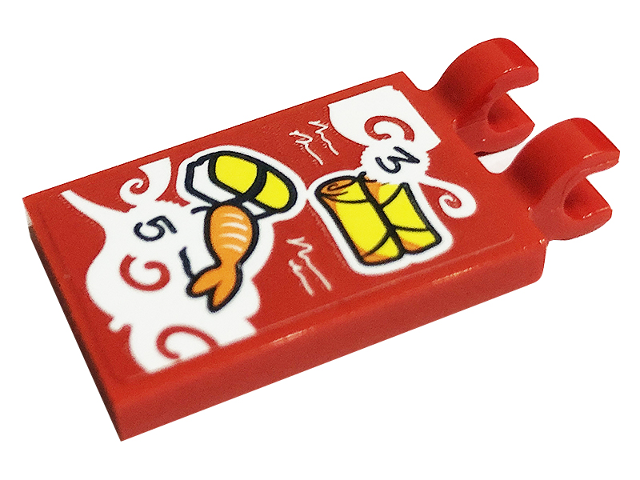 Lego Tile, Modified 2 x 3 with 2 Open O Clips with Menu, Number 3 and 5, Sushi and Spring Rolls Pattern (Sticker) - Set 41701 / Red