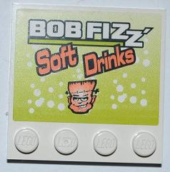 Lego Tile, Modified 4 x 4 with Studs on Edge with 'BOB FIZZ', 'Soft Drinks', and Frankenstein Monster Head Pattern (Sticker) - Set 8186 / White