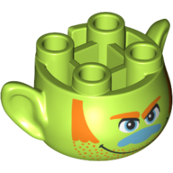 Lego Minifig Head Special, with Ears and 4 Studs on Top, with Blue Nose, Orange Sideburns and Stubble Print (Hickory) / Lime