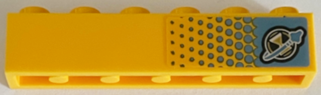 Lego Brick 1 x 6 with Medium Azure Gradient Dots, Gold Hourglass and Classic Space Logo Pattern Model Right Side (Sticker) - Set 71475