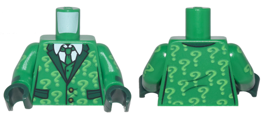 Lego Torso Suit with Pockets, Tie, Shirt and Bright Green Question Marks Pattern / Green Arms with Bright Green Question Marks Pattern / Dark Green Hands