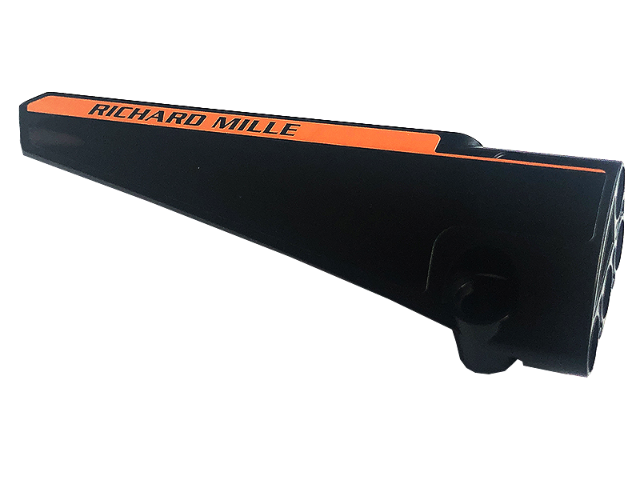 Lego Technic, Panel Fairing # 5 Long Smooth, Side A with Black 'RICHARD MILLE' on Orange Stripe Pattern (Sticker) - Set 42141 / Black