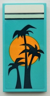 Lego Tile 2 x 4 with Blanket with Black Palm Trees and Bright Light Orange Sun, White Bedsheet Pattern (Sticker) - Set 41395 / Medium Azure