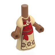 Lego Microdoll Body Long Dress Tan with Red Sash, Red/Dark Red Front, Copper Flowers Print / Sienna Brown