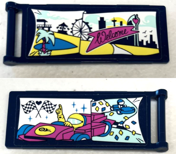 Lego Flag 7 x 3 with Bar Handle with Dark Pink 'Welcome' Banner, Funfair, Skyline and Ferris Wheel / Race Cars and Checkered Flags Pattern (Stickers) - Set 41343 / Dark Blue