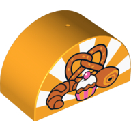 Lego Duplo Brick 2 x 4 x 2 Curved Top with Cupcake, Roll, Croissant, and Pretzel on Bright Light Orange and White Sun-rays Background Print / Bright Light Orange