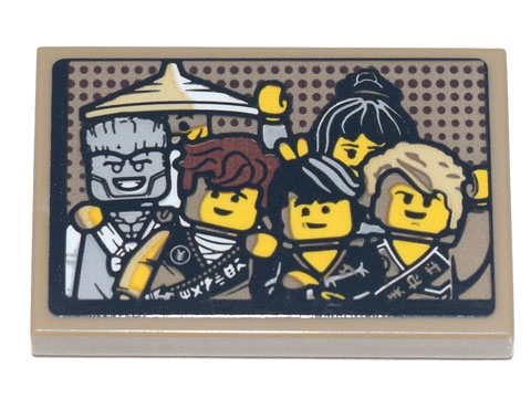 Lego Tile 2 x 3 with Picture of Ninjago Characters Wu, Nya, Zane, Jay, Cole and Lloyd Pattern (Sticker) - Set 71741 / Dark Tan