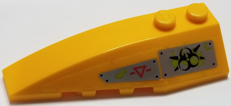 Lego Wedge 6 x 2 Left with Red Caution Triangle, Black Biohazard Symbol and Lime Ooze on Silver Bolted Plates Pattern (Sticker) - Set 70163
