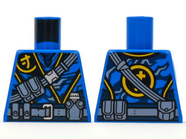 Lego Torso Tunic, Yellow Ninjago Logogram Letter J, Dark Bluish Gray Belts and Pouches Pattern / Blue