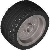 Lego Wheel 18 x 12 with Pin Hole and Stud with Black Tyre and Bright Light Blue Axle / Flat Silver