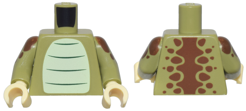 Lego Torso Yellowish Green Stomach, Dark Green Stripes, and Reddish Brown Dinosaur Spine and Spots Pattern / Olive Green Arms with Dinosaur Spots Pattern / Tan Hands