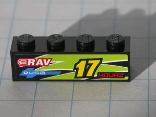 Lego Brick 1 x 4 with Yellow '17' and Red 'HOURZ' and 'eRAV' and 'RUSA' and Black and Lime Flames Pattern Model Left side (Sticker) - Set 8119