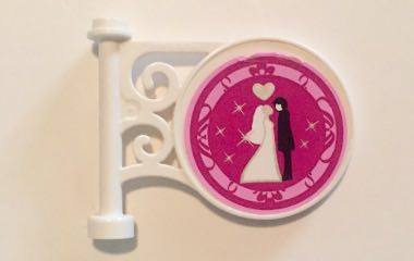 Lego Road Sign Round on Pole with Flat Top Attachment with Bride and Groom and Silver Heart on Magenta Background Pattern (Sticker) - Set 41058
