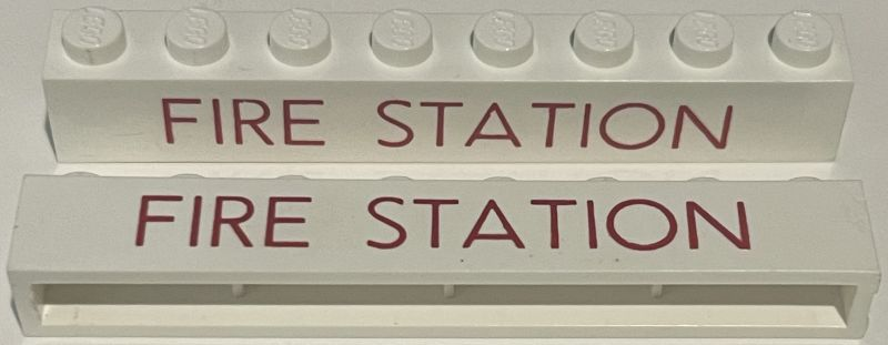 Lego Brick 1 x 8 without Bottom Tubes with Cross Side Supports with Red 'FIRE STATION' Sans-Serif Thin (Letters Close) Pattern