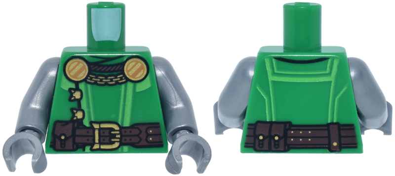 Lego Torso Robe with Lime Trim, Dark Brown Belt with Pouch, Gold Buckle, Chain and Clasps Pattern / Flat Silver Arms / Flat Silver Hands