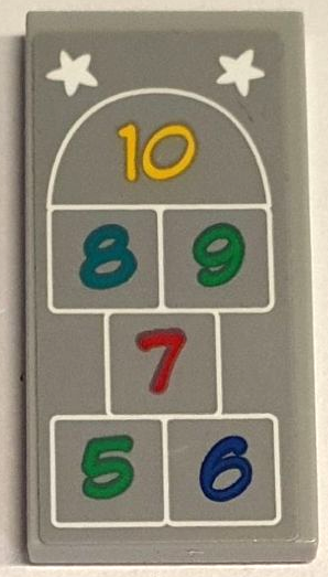 Lego Tile 2 x 4 with White Stars and Hopscotch Outline Top Half with Numbers 5, 6, 7, 8, 9 and 10 Pattern (Sticker) - Set 60329 / Light Bluish Gray
