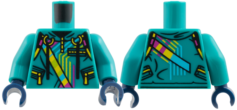 Lego Torso Hoodie, Yellow Zippers, Lime, Magenta, and Medium Azure Stripes Pattern / Dark Turquoise Arms / Dark Blue Hands