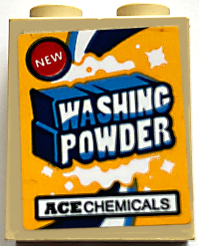Lego Brick 1 x 2 x 2 with Inside Stud Holder with 'NEW', 'WASHING POWDER' and 'ACE CHEMICALS' on Bright Light Orange Background Pattern (Sticker) - Set 70912 / Tan