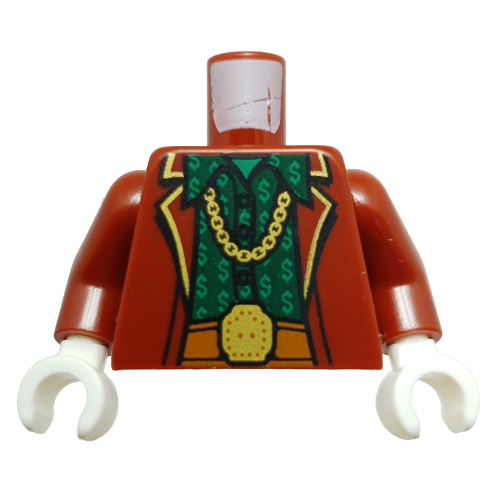 Lego Torso, Jacket, Yellow Trim, Chain Necklace, Dark Orange Belt, Dark Green Shirt, Bright Green Dollar Signs Print, Dark Red Arms, White Hands
