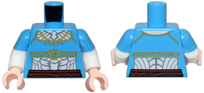 Lego Torso Female Top with Gold Trim, White Tunic with Silver Embroidery, Reddish Brown Belt Pattern / White Arms with Molded Dark Azure Short Sleeves Pattern / Light Nougat Hands