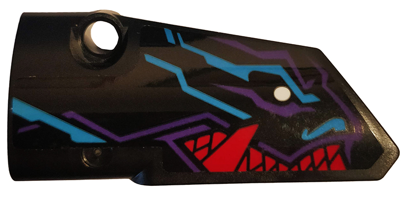 Lego Technic, Panel Fairing # 3 Small Smooth Long, Side A with Medium Azure, Red and Dark Purple Dragon Head Pattern (Sticker) - Set 70642 / Black