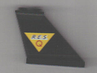 Lego Tail 4 x 1 x 3 with Black 'R.E.S.' and Red 'Q' on Yellow Triangle Pattern Model Right Side (Sticker) - Set 6451