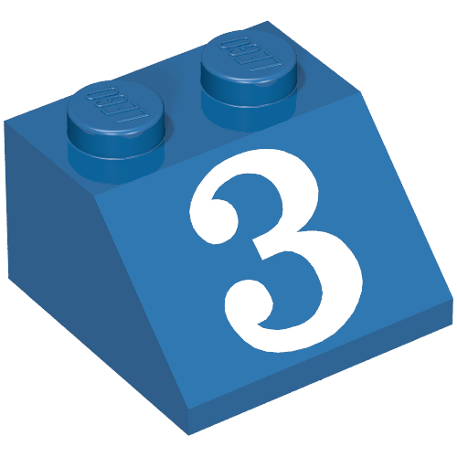 Lego Brick Sloped 45° 2 x 2 with White '3' Print / Blue