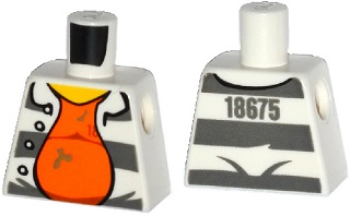 Lego Torso Town Prisoner Number 18675, Dark Bluish Gray Stripes, Orange Shirt Pattern / White
