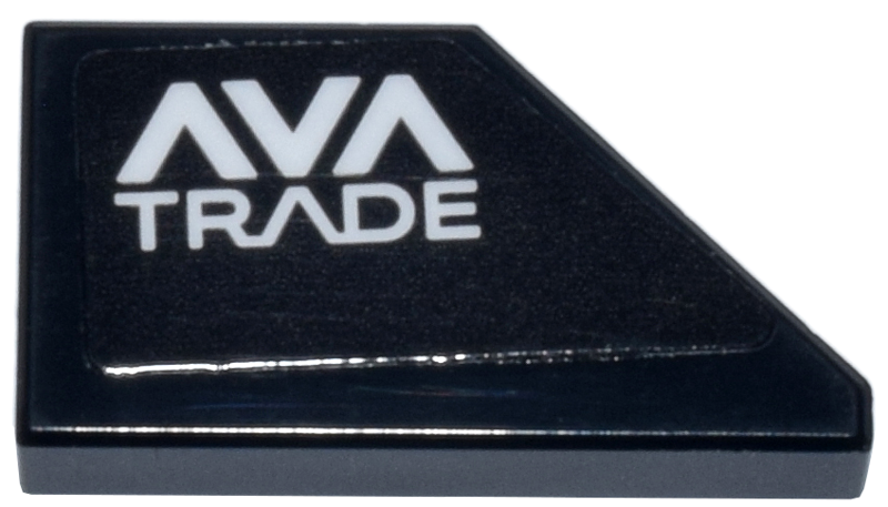 Lego Tile, Modified 1 x 2 Wedge Left with White 'AVA TRADE' Logo Pattern (Sticker) - Set 77245