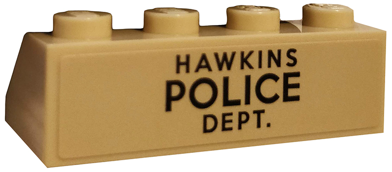 Lego Slope 45 2 x 4 with Black 'HAWKINS POLICE DEPT.' on Tan Background Pattern (Sticker) - Set 75810 / Tan