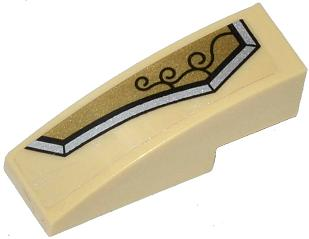 Lego Slope, Curved 3 x 1 with Gold and Silver Armor Plate with 3 Black Swirls Pattern Model Left Side (Sticker) - Set 70123 / Tan