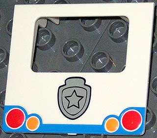 Lego Duplo Van Rounded Windshield Rear Door with Red and Orange Taillights, Blue Bumper, and Silver Police Badge Pattern / White