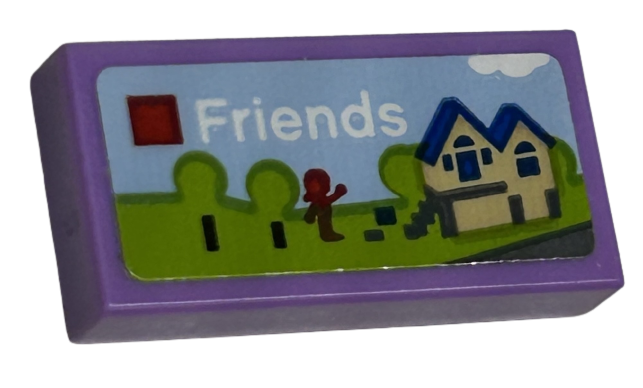 Lego Tile 1 x 2 with LEGO Friends Set Box Art, Red Minifigure Silhouette and Tan House Pattern (Sticker) - Sets 40528 / 40574 / Medium Lavender