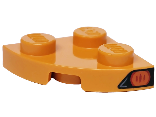 Lego Plate, Round Corner 2 x 2 with Reddish Orange Blinker Light on Black Background Pattern Model Left Side