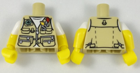 Lego Torso Vest with Zipper, Pockets, Fish Sign and Fishing Hooks Pattern / Yellow Arms with Molded White Short Sleeves Pattern / Yellow Hands