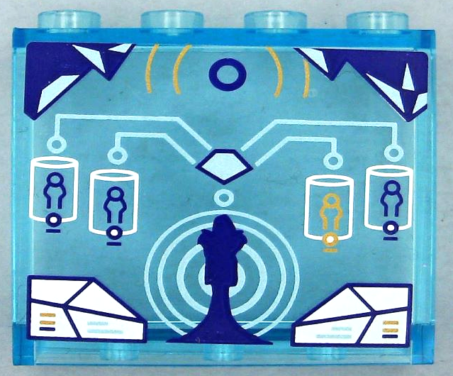 Lego Panel 1 x 4 x 3 with Side Supports - Hollow Studs with Head-Up Display (HUD), Dark Purple Ice Crystals, Metallic Light Blue Circuitry, Concentric Circles and 4 Minifigures in White Chambers Pattern (Sticker) - Set 41239 / Trans-Light Blue