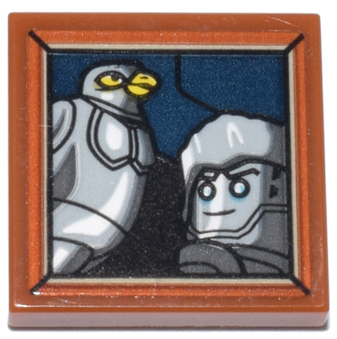 Lego Tile 2 x 2 with Framed Picture of Zane Minifigure and Light Bluish Gray Falcon on Dark Blue and Black Background Pattern (Sticker) - Set 71837 / Dark Orange