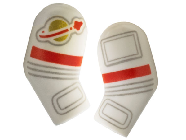 Lego Arm, (Matching Left and Right) Pair with Astronaut Spacesuit Panels, Gold Classic Space Logo, Red Stripe and 3 Light Bluish Gray Lines Pattern / White