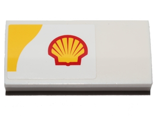 Lego Slope, Curved 2 x 4 x 2/3 with Bottom Tubes with Shell Logo and Yellow Upper Left Corner Pattern Model Right Side (Sticker) - Set 40196