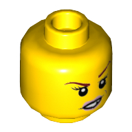 Lego Minifig Head Macy, Dark Red Eyebrows, Pink Lips, Frown, Scratches / Eyebrow Raised, Chipped Toothed Smirk Print / Yellow