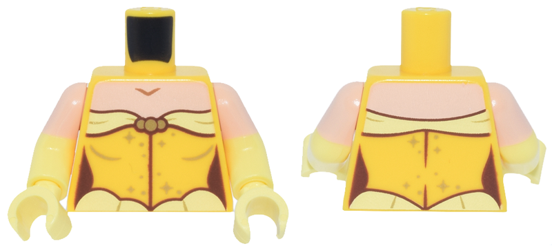 Lego Torso Female Dress with Bright Light Yellow Trim, Gold Sparkles, Light Nougat Neck Pattern / Bright Light Yellow Arms with Molded Light Nougat Short Sleeves Pattern / Bright Light Yellow Hands