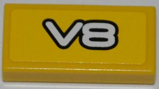 Lego Tile 1 x 2 with White 'V8' Pattern (Sticker) - Set 8148 / Yellow