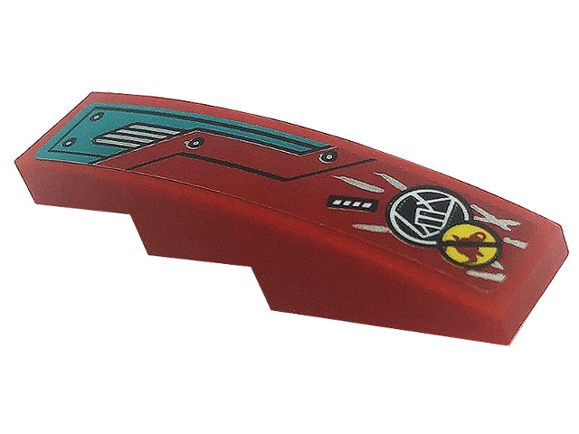 Lego Slope, Curved 4 x 1 with Dark Red and Dark Turquoise Hull Plates, Silver Air Vent, Dots and Bull Head Pattern Model Left Side (Sticker) - Set 80008 / Red