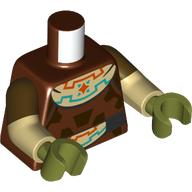 Lego Torso Tunic, Dark Brown Markings, Tan Collar with Orange and Dark Turquoise Lines, Star, Black Belt with Tan Buckle print, Dual Molded Arms with Reddish Brown Sleeves Pattern, Tan Arms, Olive Green Hands / Reddish Brown