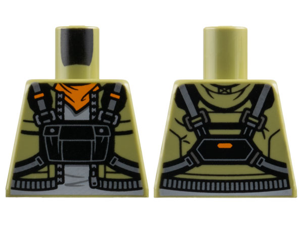 Lego Torso Vest with Silver Zipper, Orange Scarf, Light Bluish Gray Shirt and Black Pouch with Straps Pattern / Olive Green