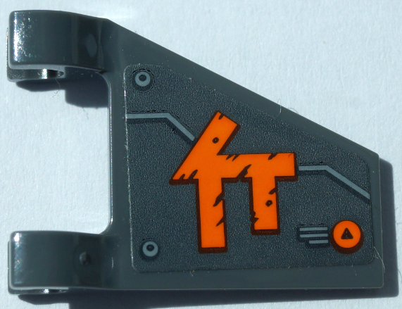 Lego Flag 2 x 2 Trapezoid with Flat Edge with Metal Plates, Rivets and Orange Ninjago Logogram Letter C Pattern Model Right Side (Sticker) - Set 70672 / Dark Bluish Gray