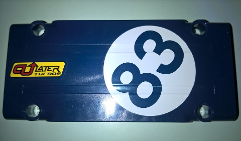 Lego Technic, Panel Plate 5 x 11 x 1 with 'C U LATER TURBOS' and '83' in White Circle Pattern Model Left Side (Stickers) - Set 41999