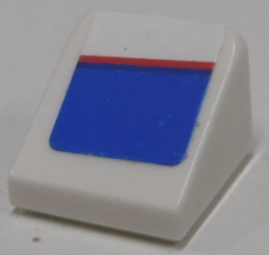 Lego Slope 30 1 x 1 x 2/3 with Red Line on Blue and White Pattern Model Right Side (Sticker) - Set 8125 / White
