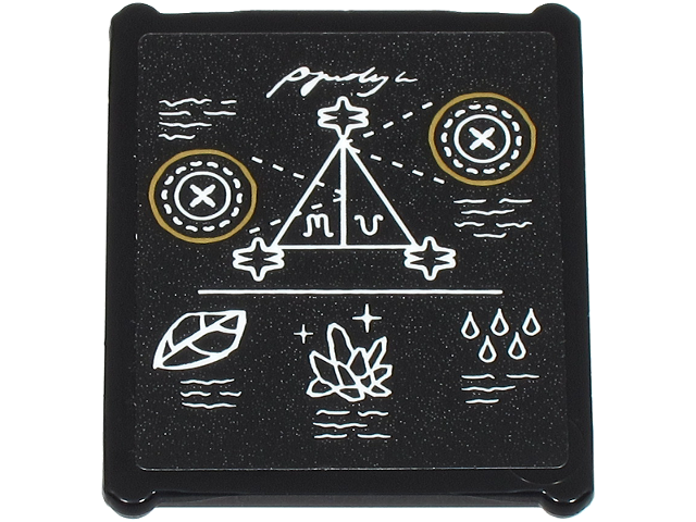 Lego Glass for Window 1 x 3 x 3 Flat Front with Blackboard with White and Gold Circles, Writing, Triangle, Leaf, Crystals and Drops Pattern (Sticker) - Set 76464